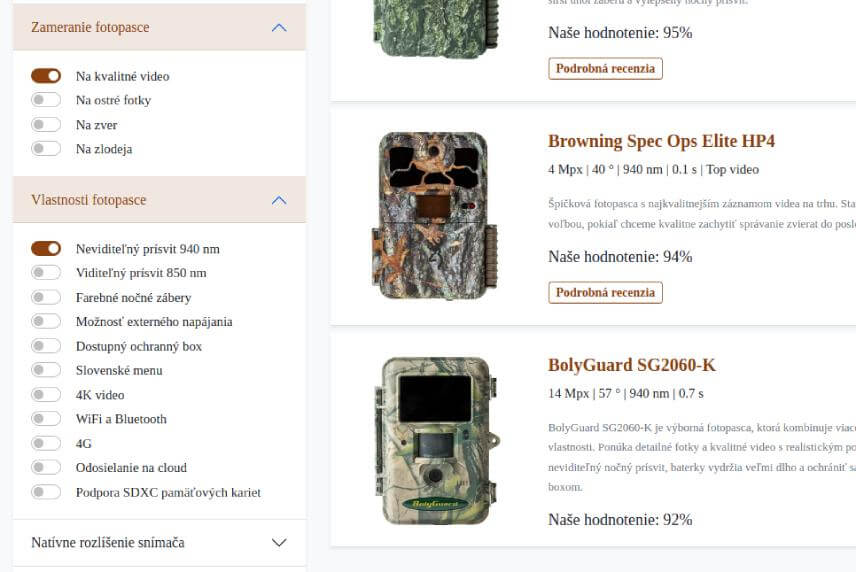 Filtrovanie fotopascí podľa vybraných parametrov