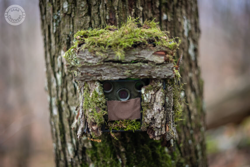 Počas maskovania je vhodné prelepiť pohybový senzor kúskom kobercovej pásky. Nemusíte sa tak báť, že bude fotopasca zbytočne snímať vás samotných.
