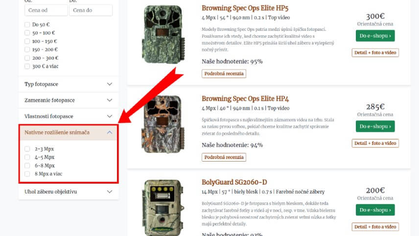 V na&scaron;om filtri si viete vybrať fotopascu podľa skutočn&eacute;ho rozl&iacute;&scaron;enia.