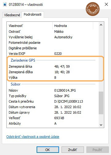 Zadané GPS súradnice sú dostupné po kliku pravým tlačidlom myši a zobrazením podrobností o súbore.