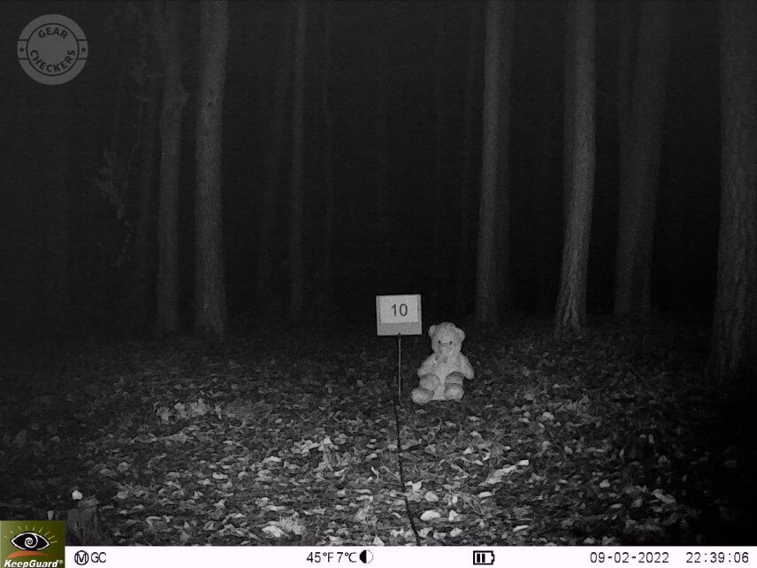 Vzdialenosť objektu od fotopasce 10 m. Výkon LED: maximálny, NV uzávierka: automatická.