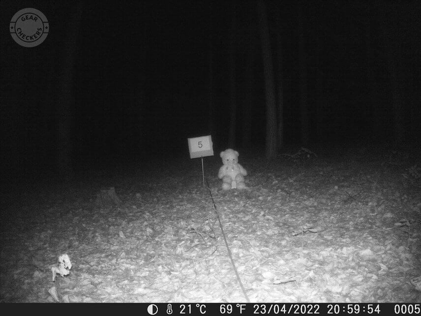 Vzdialenosť objektu od fotopasce: 5 m. Intenzita nočného prísvitu nastavená na blízko (near).