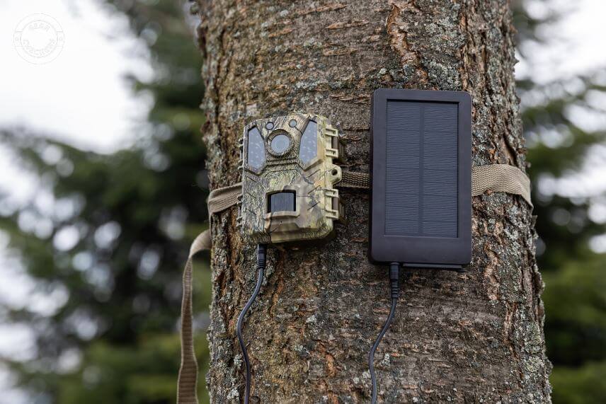 Fotopasca OXE Gepard II spojená so solárnym panelom pomocou 150 cm dlhého kábla.