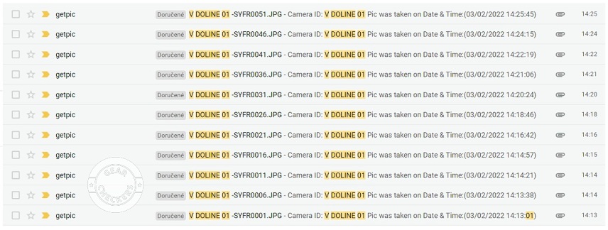 Zadaním názvu fotopasce si v mailoch viete vyfiltrovať len správy z konkrétnej fotopasce. Táto možnosť sa hodí najmä v prípade, že používate viacero fotopascí súčasne.