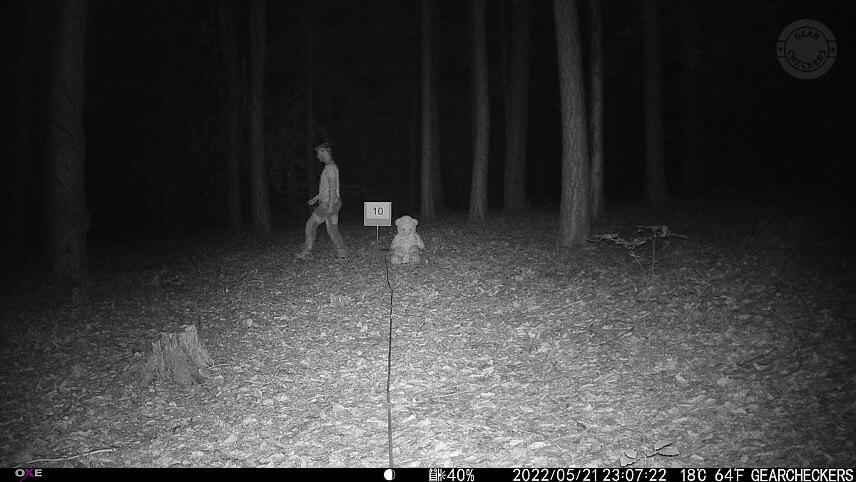 Vzdialenosť objektu od fotopasce: 10 m. Nočný prísvit v režime AUTO, expozičný čas 1/15s.