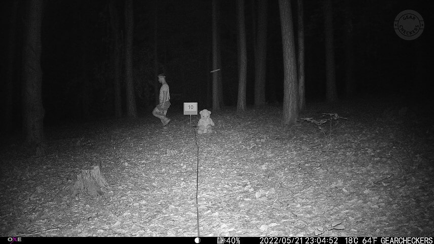 Vzdialenosť objektu od fotopasce: 10 m. Nočný prísvit v režime AUTO, expozičný čas 1/20s.