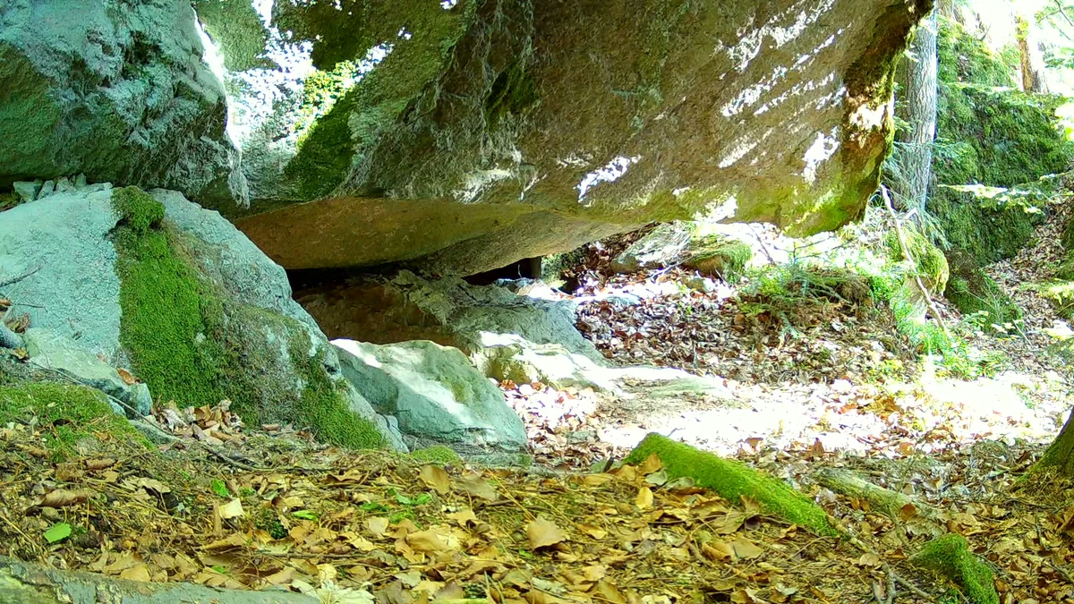 Prázdny záber z fotopasce: slnkom nahriate skaly so škvrnami svetla a tieňa. Prúdenie vzduchu rôznych teplôt popred nahriate povrchy spúšťa nahrávanie aj bez zveri.