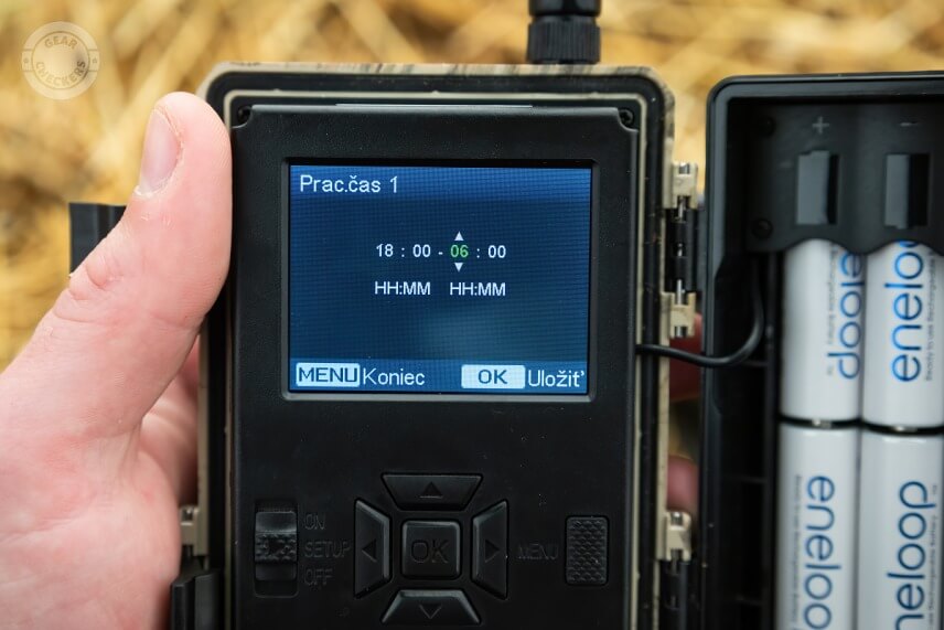 Nastavenie pracovného času na fotopasci Wachman Rio 4G. Spustenie nastavené na 18:00 hod, vypnutie na 06:00 hod.