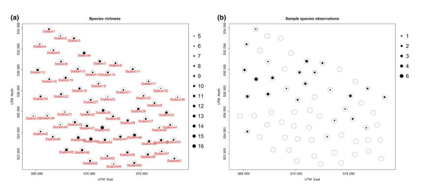 Pr&iacute;klady m&aacute;p vytvoren&yacute;ch pomocou funkcie detectionMaps. A: Počet pozorovan&yacute;ch druhov, B: Počet nez&aacute;visl&yacute;ch pozorovan&iacute; vzorov&eacute;ho druhu (Zdroj: researchgate.net).