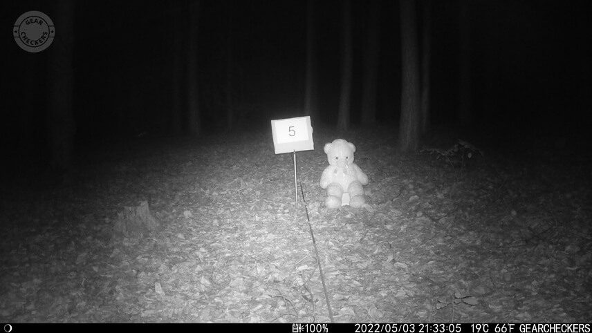 Vzdialenosť objektu od fotopasce: 5 m. Nočný prísvit v režime AUTO.