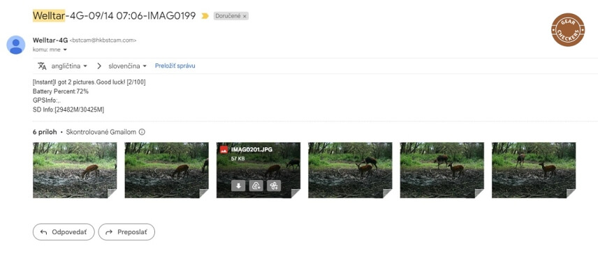 Kompletný e-mail z fotopasce Welltar 7310 4G.