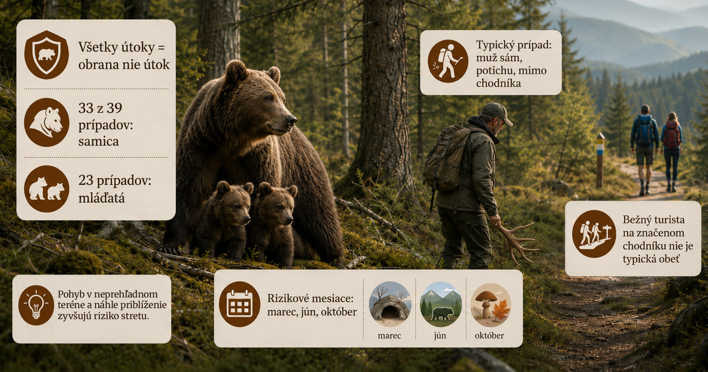 Infografika na fotografii medvedice s dvoma mláďatami pri lesnej ceste: všetky útoky sú obrana, nie útok; v 33 z 39 prípadov išlo o samicu; v 23 prípadoch boli prítomné mláďatá; typický prípad je muž sám, potichu, mimo chodníka; bežný turista na značenom chodníku nie je typická obeť; rizikové mesiace sú marec, jún a október; pohyb v neprehľadnom teréne a náhle priblíženie zvyšujú riziko stretu.